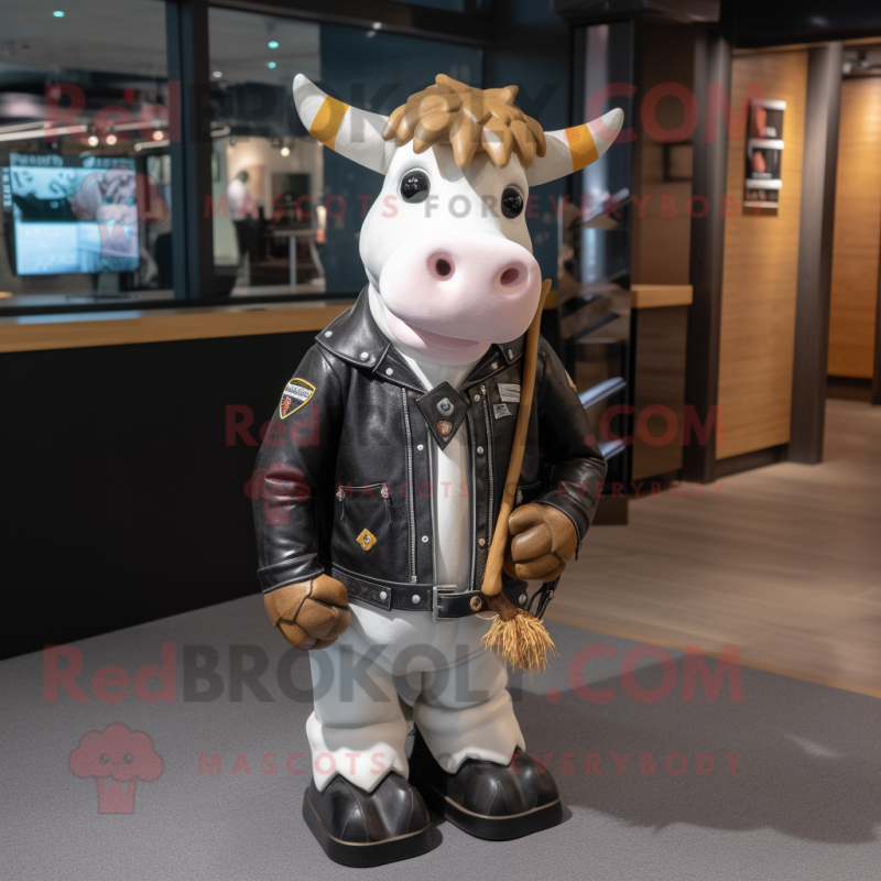 Cream Cow mascot costume character dressed with a Leather Jacket and Keychains