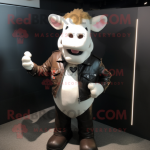 Cream Cow mascot costume character dressed with a Leather Jacket and Keychains