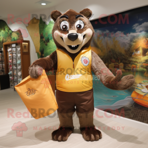 Brown Say Wolf mascot costume character dressed with a Board Shorts and Clutch bags