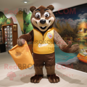 Brown Say Wolf mascot costume character dressed with a Board Shorts and Clutch bags