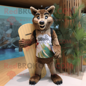 Brown Say Wolf mascot costume character dressed with a Board Shorts and Clutch bags
