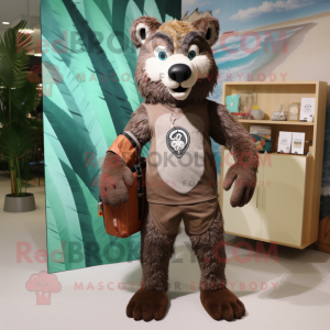 Brown Say Wolf mascot costume character dressed with a Board Shorts and Clutch bags