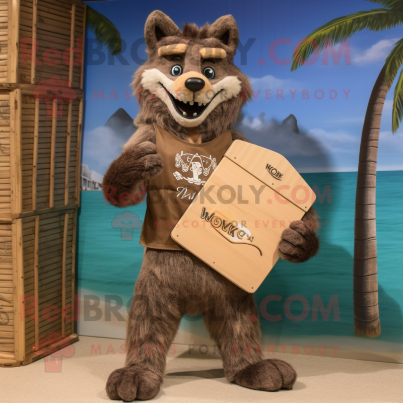 Brown Say Wolf mascot costume character dressed with a Board Shorts and Clutch bags Brown Say Wolf mascot costume character dressed with a Board Shorts and Clutch bags