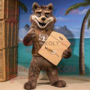Brown Say Wolf mascot costume character dressed with a Board Shorts and Clutch bags