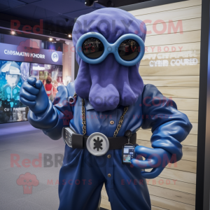 Navy Octopus mascot costume character dressed with a Cover-up and Smartwatches