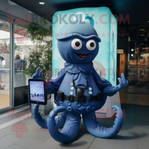 Navy Octopus mascot costume character dressed with a Cover-up and Smartwatches