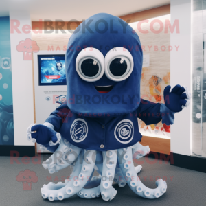 Navy Octopus mascot costume character dressed with a Cover-up and Smartwatches