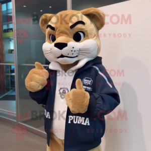 nan Puma mascot costume character dressed with a Coat and Lapel pins