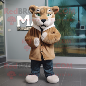 nan Puma mascot costume character dressed with a Coat and Lapel pins