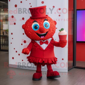 Red Cupcake mascot costume character dressed with a Suit Jacket and Clutch bags