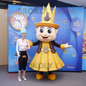 Gold Magician mascot costume character dressed with a Pencil Skirt and Smartwatches