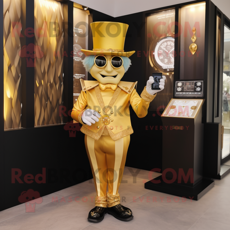 Gold Magician mascot costume character dressed with a Pencil Skirt and Smartwatches