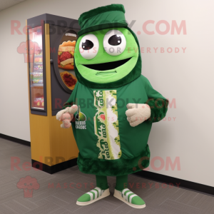 Forest Green Tacos mascot costume character dressed with a Cardigan and Digital watches
