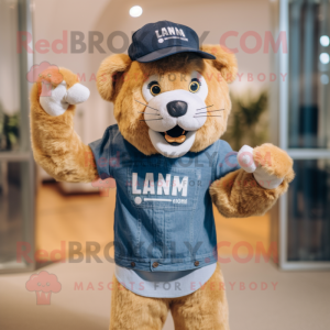 Tan Tamer Lion mascot costume character dressed with a Denim Shorts and Beanies