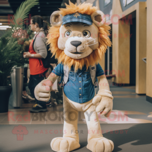 Tan Tamer Lion mascot costume character dressed with a Denim Shorts and Beanies