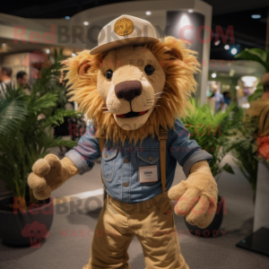 Tan Tamer Lion mascot costume character dressed with a Denim Shorts and Beanies