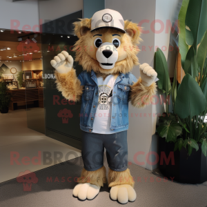 Tan Tamer Lion mascot costume character dressed with a Denim Shorts and Beanies