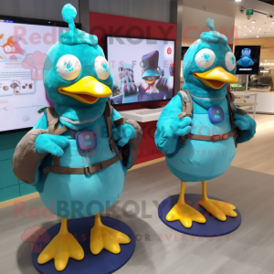 Turquoise Hens mascot costume character dressed with a Sweater and Smartwatches