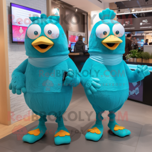 Turquoise Hens mascot costume character dressed with a Sweater and Smartwatches