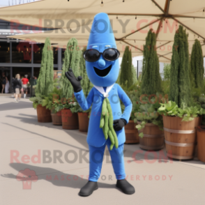 Blue Asparagus mascot costume character dressed with a Dress Pants and Sunglasses