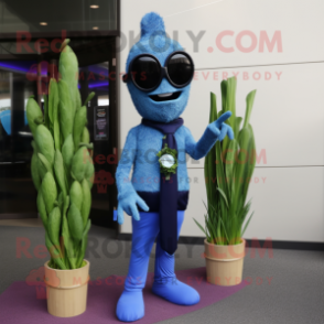 Blue Asparagus mascot costume character dressed with a Dress Pants and Sunglasses