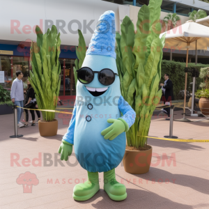 Blue Asparagus mascot costume character dressed with a Dress Pants and Sunglasses