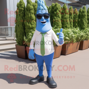 Blue Asparagus mascot costume character dressed with a Dress Pants and Sunglasses