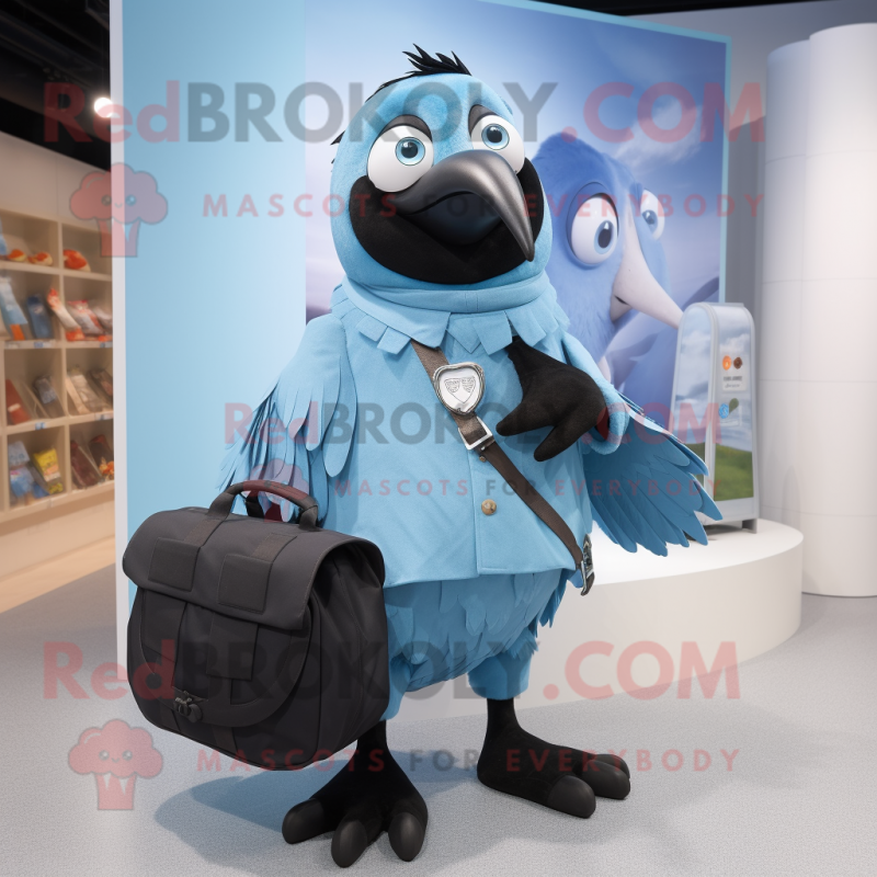Sky Blue Crow mascot costume character dressed with a Poplin Shirt and Messenger bags