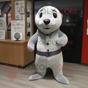 Silver Seal mascot costume character dressed with a Trousers and Cummerbunds