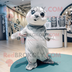 Silver Seal mascot costume character dressed with a Trousers and Cummerbunds