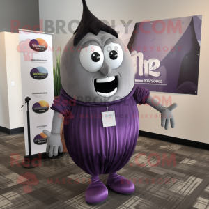 Gray Eggplant mascot costume character dressed with a Pencil Skirt and Suspenders