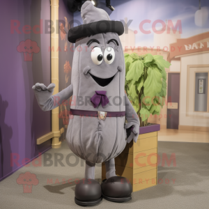 Gray Eggplant mascot costume character dressed with a Pencil Skirt and Suspenders