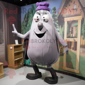 Gray Eggplant mascot costume character dressed with a Pencil Skirt and Suspenders