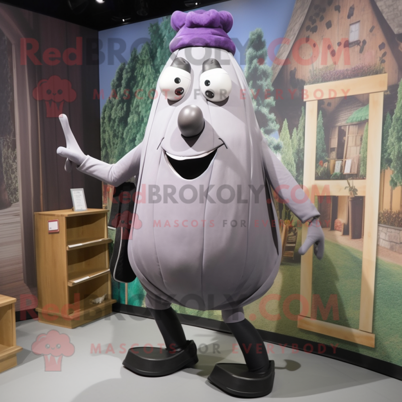 Gray Eggplant mascot costume character dressed with a Pencil Skirt and Suspenders