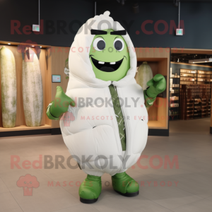 White Cucumber mascot costume character dressed with a Bomber Jacket and Mittens