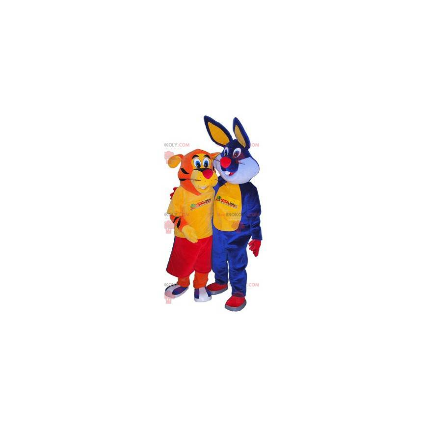 2 mascotte una tigre arancione e un coniglio blu -
