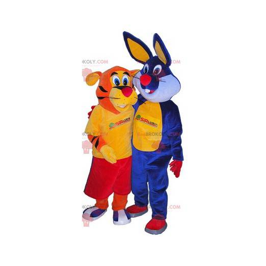 2 mascotte una tigre arancione e un coniglio blu -
