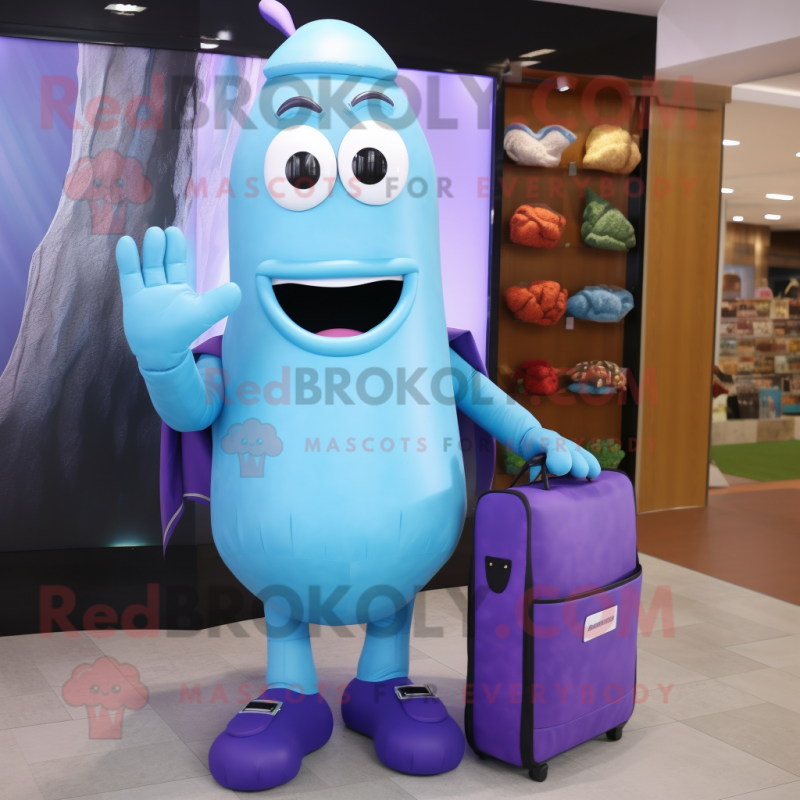 Sky Blue Eggplant mascot costume character dressed with a Turtleneck and Wallets