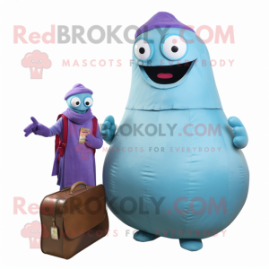 Sky Blue Eggplant mascot costume character dressed with a Turtleneck and Wallets