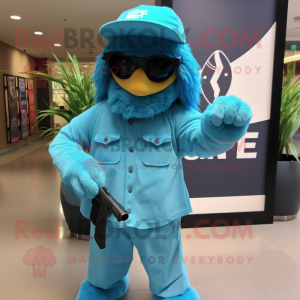Turquoise Sniper mascot costume character dressed with a Dress Shirt and Sunglasses