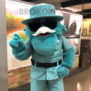 Turquoise Sniper mascot costume character dressed with a Dress Shirt and Sunglasses