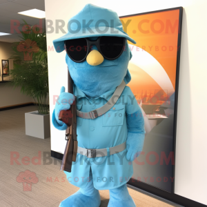 Turquoise Sniper mascot costume character dressed with a Dress Shirt and Sunglasses