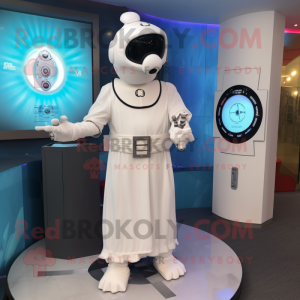 White Gyro mascot costume character dressed with a Empire Waist Dress and Digital watches