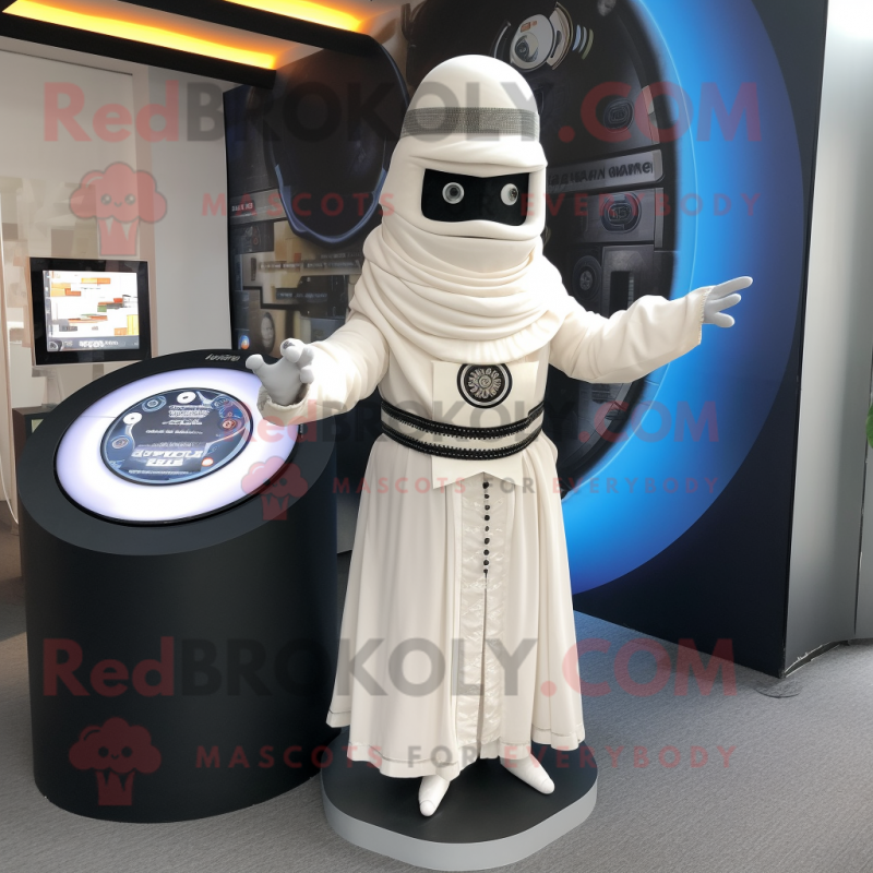 White Gyro mascot costume character dressed with a Empire Waist Dress and Digital watches