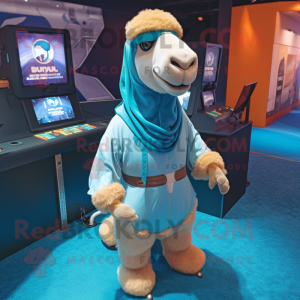 Cyan Camel mascot costume character dressed with a Jacket and Anklets