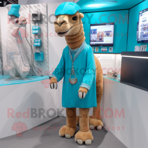 Cyan Camel mascot costume character dressed with a Jacket and Anklets