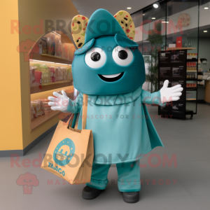 Teal Tacos mascot costume character dressed with a Coat and Tote bags