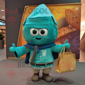 Teal Tacos mascot costume character dressed with a Coat and Tote bags