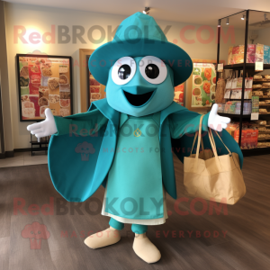 Teal Tacos mascot costume character dressed with a Coat and Tote bags
