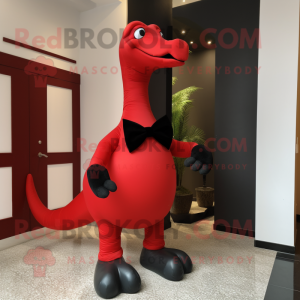 Red Brachiosaurus mascot costume character dressed with a Tuxedo and Bow ties